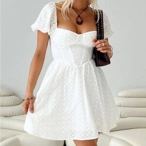 Princess Polly Darso Eyelet Floral Puff Sleeve Fit & Flare Mini Dress White Sz 6
